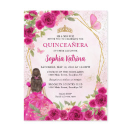 Small Magenta Pink Glam Gold Floral Princess Quinceañera Invitation Postinvitations Front View