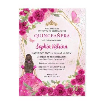 magenta pink glam gold floral princess quinceañera invitation postinvitations