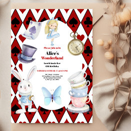 Small Magical Alice In Wonderland Birthday Invitation Front View