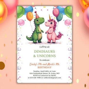 magical dinosaur & unicorn joint kids birthday invitation