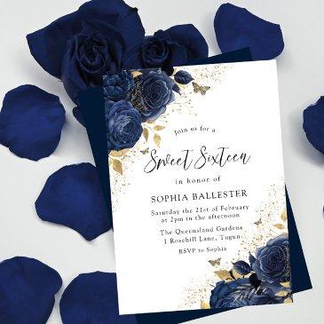 magical navy indigo blue roses & gold sweet 16 invitation