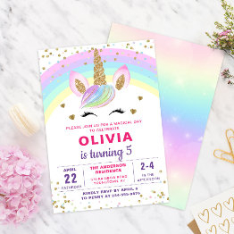 Small Magical Rainbow Unicorn Gold Glitter Girl Birthday Invitation Front View