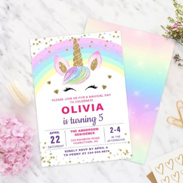 magical rainbow unicorn gold glitter girl birthday invitation