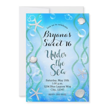 magical under the sea aqua blue sweet 16 birthday invitation
