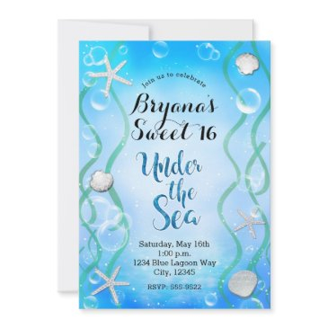 magical under the sea aqua blue sweet 16 birthday invitation