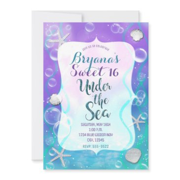 magical under the sea purple teal sweet 16 party invitation