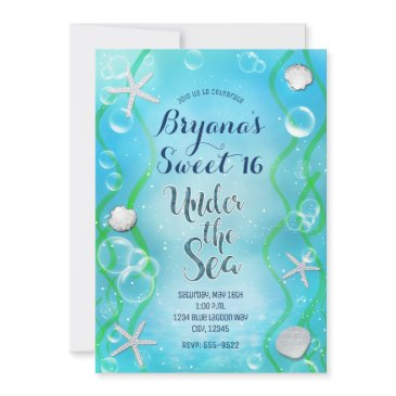 magical under the sea teal blue sweet 16 invitation