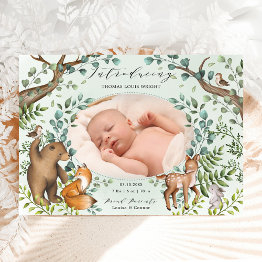Small Magical Woodland Animals Photo Birth Announcement Front View