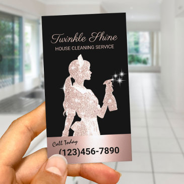 maid cleaning rose gold sparkles housekeeping business invitations