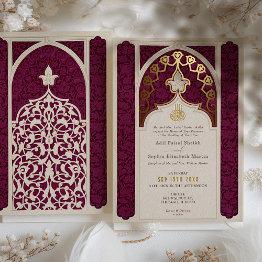 Small Majestic Maroon And Gold Foil Islamic Wedding Foil Invitation Front View