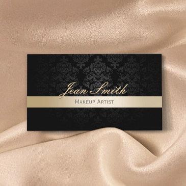 makeup artist hair salon gold striped black damask business invitations