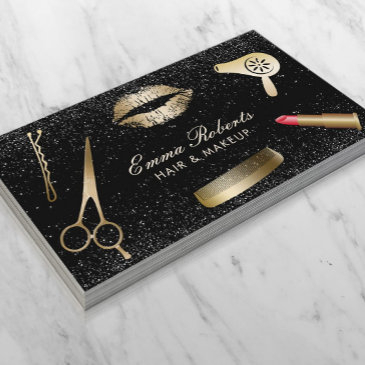 makeup artist hair salon modern black glitter business invitations