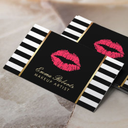 Small Makeup Artist Red Lips Modern Black White Stripes Business Invitations Front View