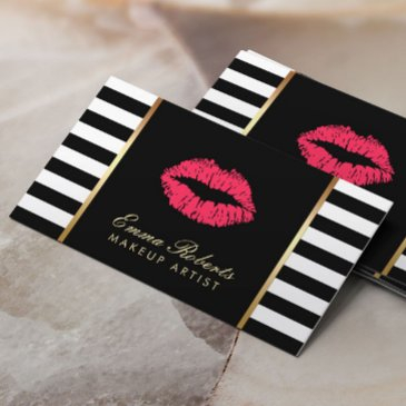makeup artist red lips modern black white stripes business invitations
