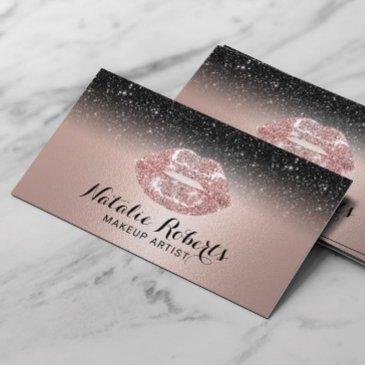 makeup artist rose gold lips black glitter salon business invitations