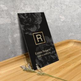Small Makeup & Hair Stylist Monogram Elegant Dark Floral Business Invitations Front View