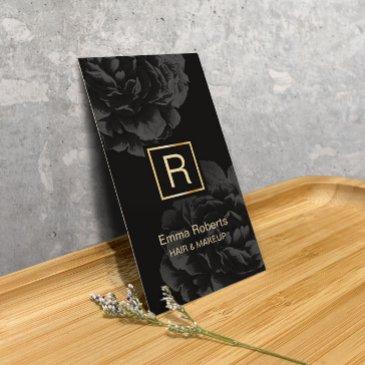 makeup & hair stylist monogram elegant dark floral business invitations