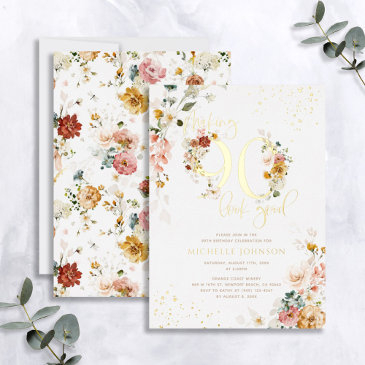 making 90 look good pink floral gold foil invitation