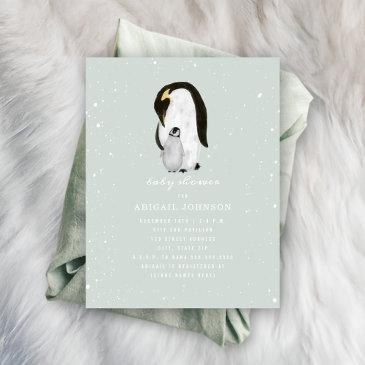 mama and baby penguin blue boy baby shower invitation