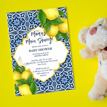 mama's main squeeze baby shower lemons blue tiles invitation
