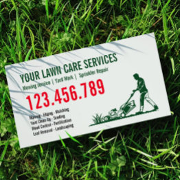 Small Man Mowing Grass Yarn Care Gardening Landscaping Business Invitations Front View