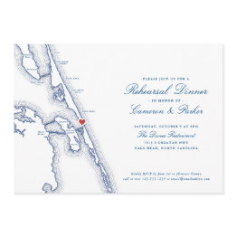 Small Manteo Nags Head Map Navy Blue Rehearsal Dinner Invitation Front View