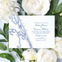 Small Manteo Nc Obx Map Elegant Navy Wedding Invitation Front View