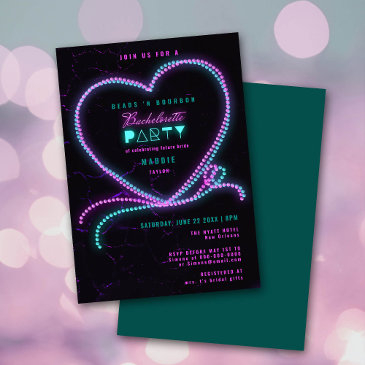 mardi beads bourbon neon heart bachelorette party invitation