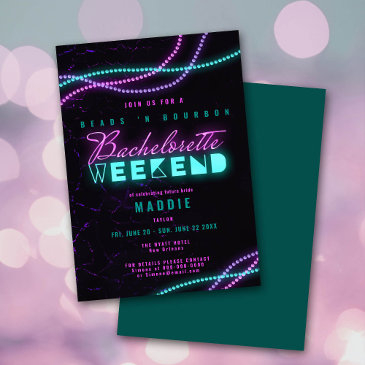mardi gras beads bourbon neon bachelorette weekend invitation