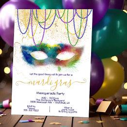 Small Mardi Gras Rainbow Watercolor Masquerade Party Invitation Front View