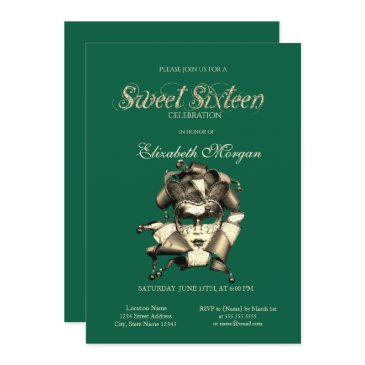 mardi grass masque green sweet 16 invitation