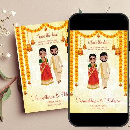Small Marigold Garlands Bells Tamil Telugu Save The Date Invitation Front View