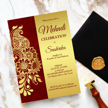maroon and gold paisley mehndi invitation