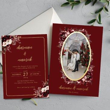 maroon burgundy floral photo wedding gold foil invitation
