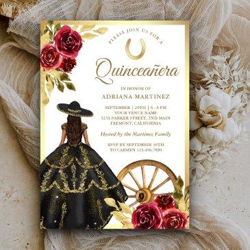 maroon floral black dress charro gold quinceanera invitation