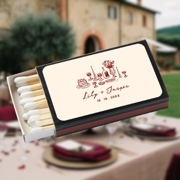 maroon hand drawn wedding matchboxes