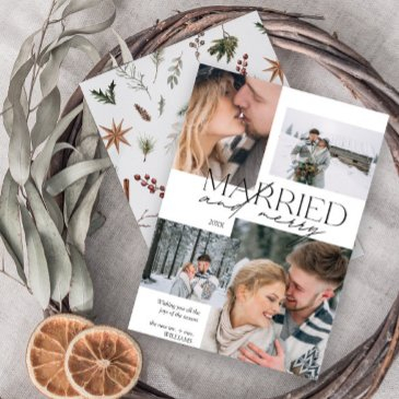 married and merry modern 4 photo newlywed holiday invitations