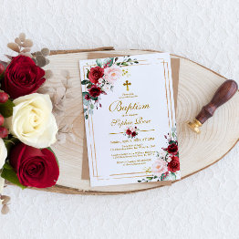 Small Marsala Rose & Gold Frame Girl Baptism Invitation Front View
