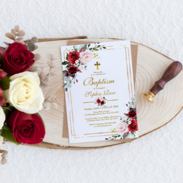 marsala rose & gold frame girl baptism invitation