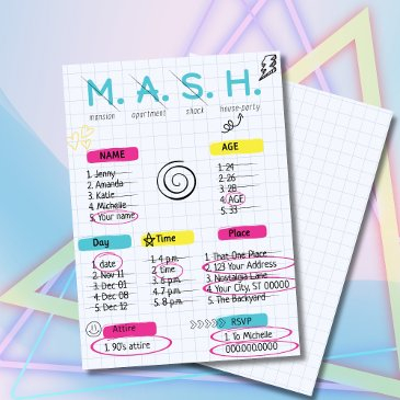mash game, 90s party invitation