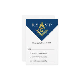Small Masonic Navy Blue And Gold Elegant Freemason Rsvp Invitations Front View