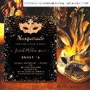 masquerade black gold glitter dust sweet 16 invitation postinvitations