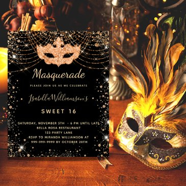 masquerade black gold sweet 16 budget invitation flyer