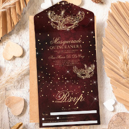 Small Masquerade Mask Gold Glitter Quinceanera Burgundy All In One Invitation Front View