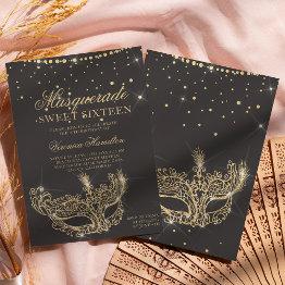 Small Masquerade Mask Gray Gold Glitter Sweet 16 Invitation Front View