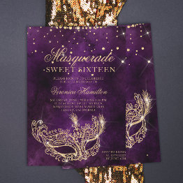 Small Masquerade Mask Purple Gold Glitter Sweet 16 Invitation Front View