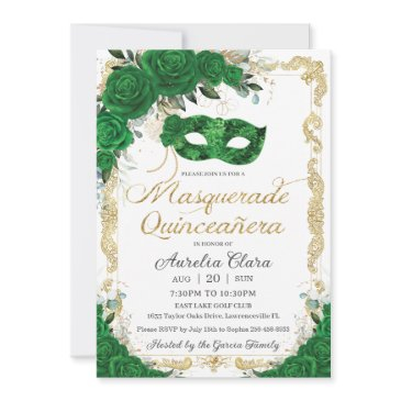 masquerade quinceañera emerald green floral gold invitation