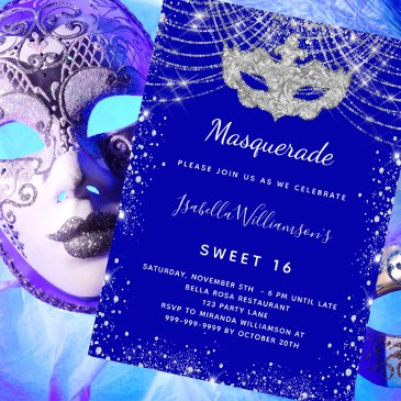 masquerade royal blue silver sweet 16 party invitation