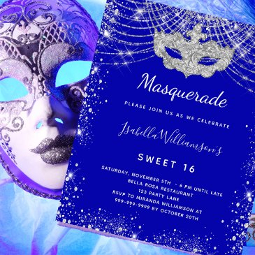 masquerade royal blue sweet 16 budget invitation flyer