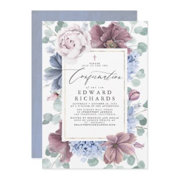 mauve and dusty blue flowers elegant confirmation invitation